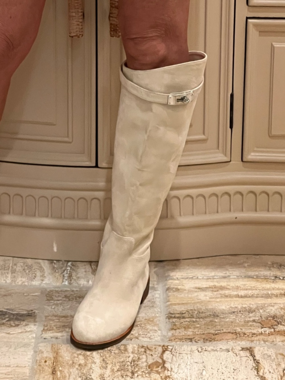 Classic Knee-High Suede Riding Boot in Off-White - Picture 2 of 2